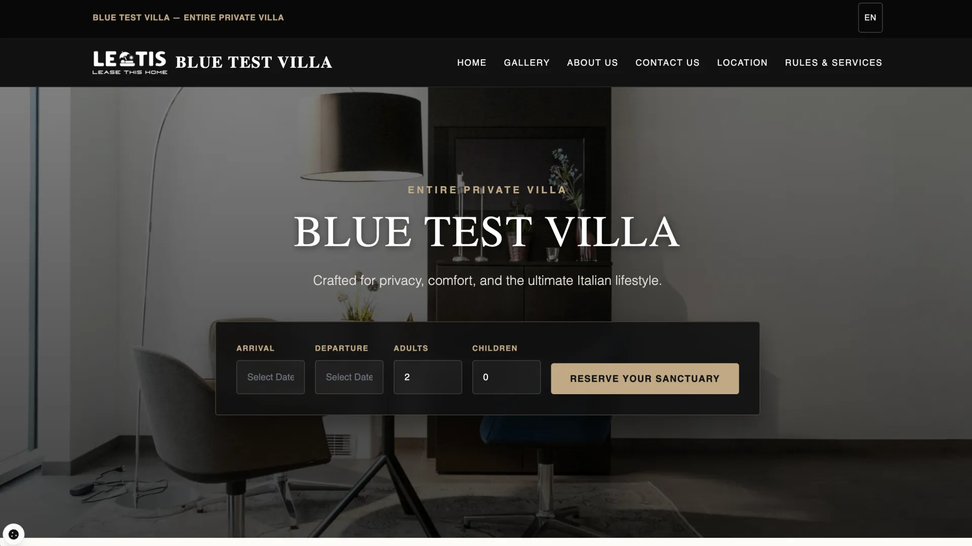 Site démo Blue Test Villa avec photos de l’hébergement et recherche de disponibilités